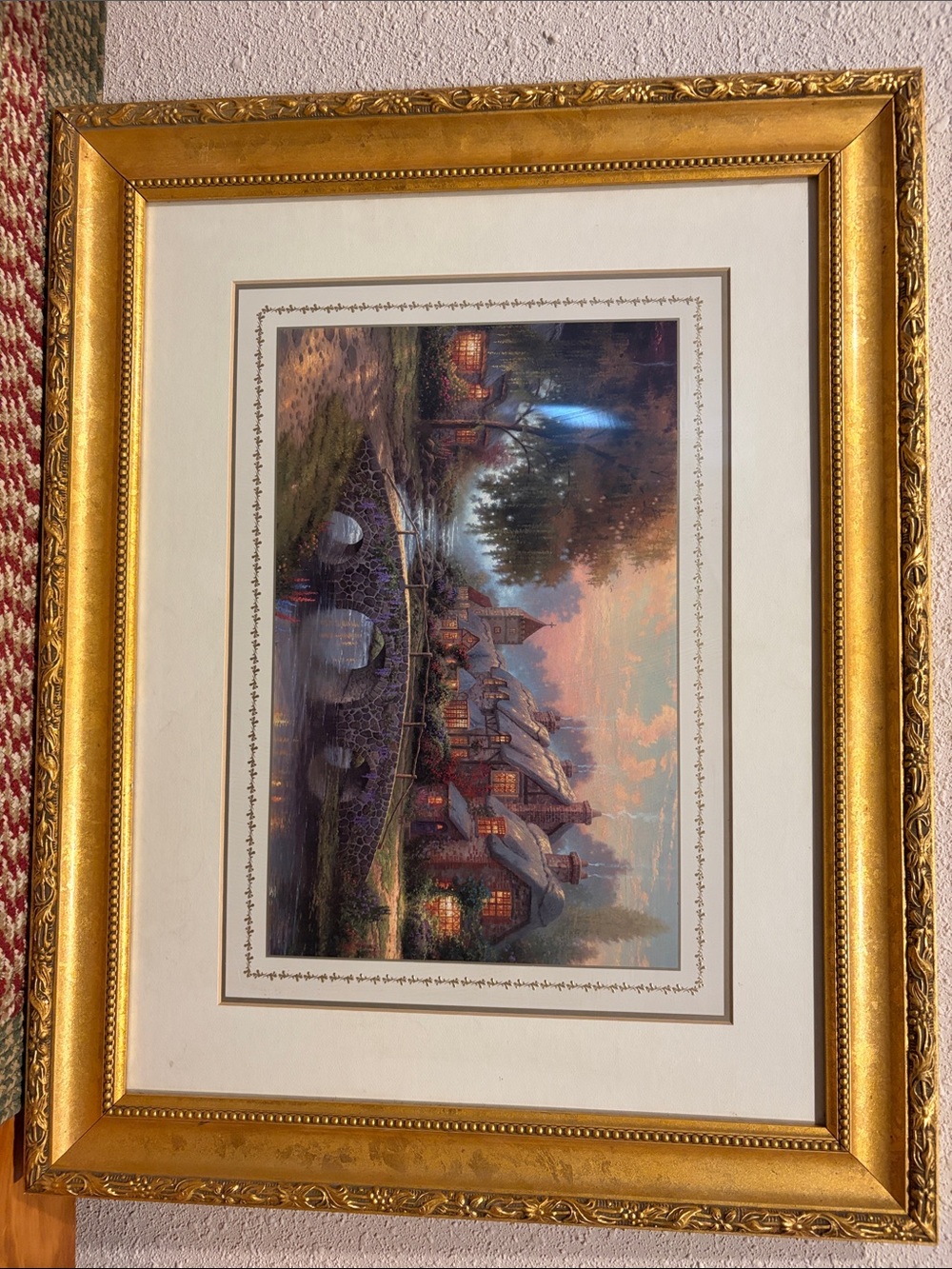 Thomas Kinkade's Cobblestone Bridge Print, Cert. of Authenticity, Gold Frame